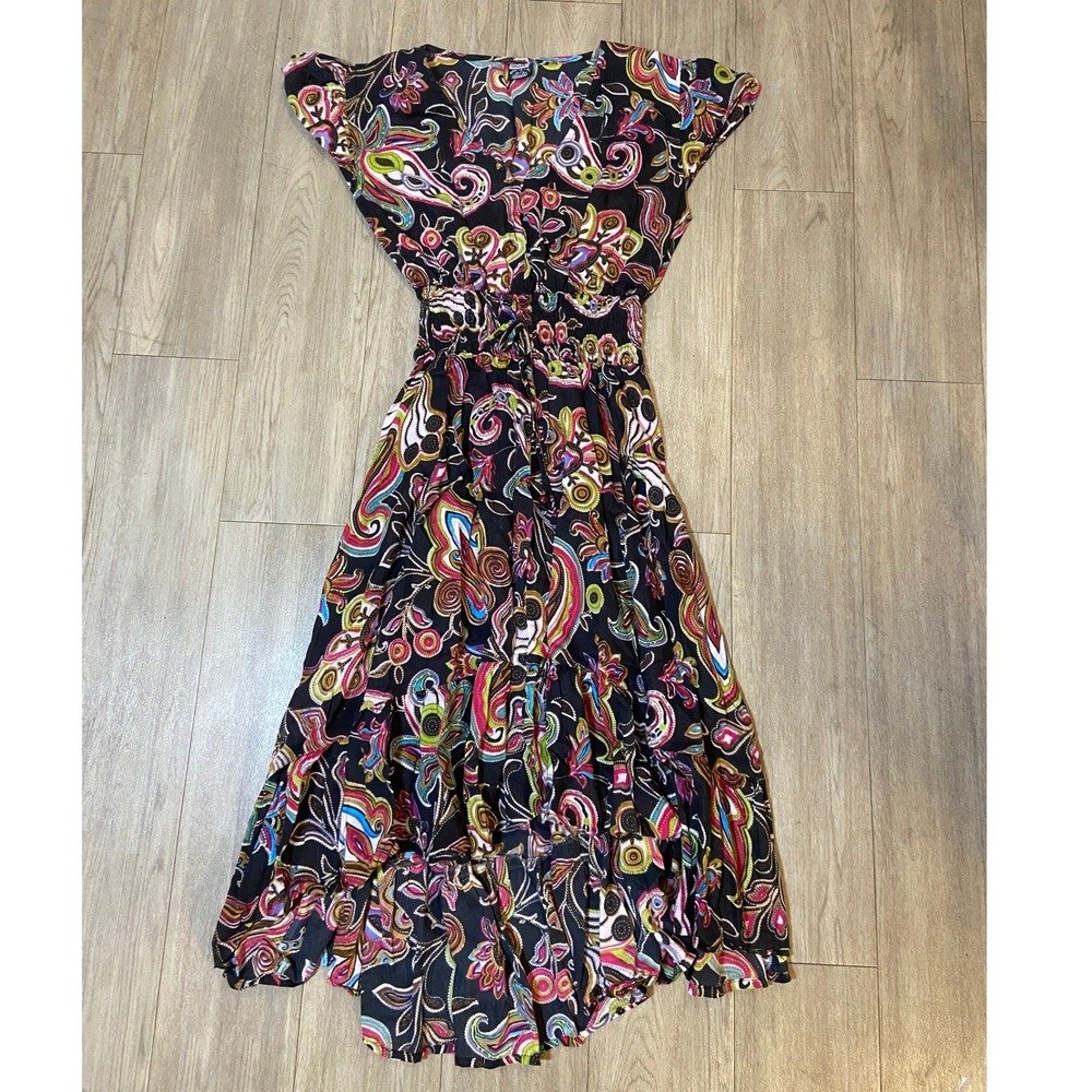 Midnight Sun Womens L Paisley Cotton Boho High Low Smocked Midi Dress Black